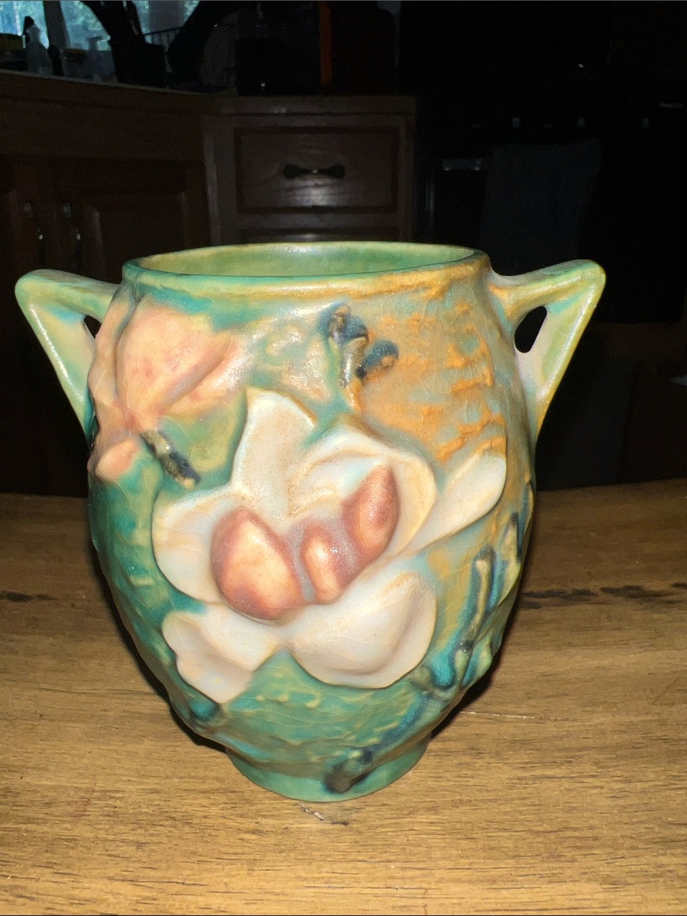 Roseville Pottery Vintage Floral Vase in Teal and Cream